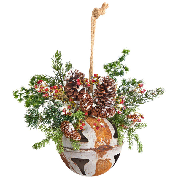 16” Holiday Christmas Jumbo Metal Bell Ornament with Artificial Holly, Berries and Pine