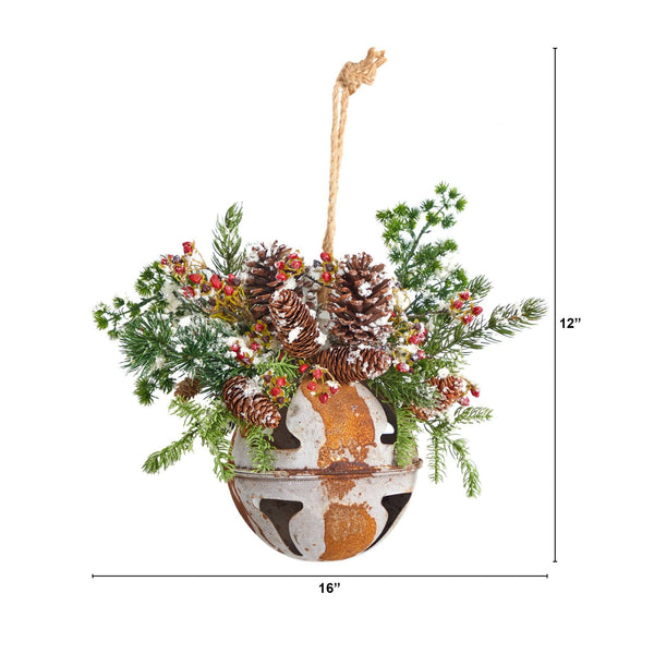 16” Holiday Christmas Jumbo Metal Bell Ornament with Artificial Holly, Berries and Pine