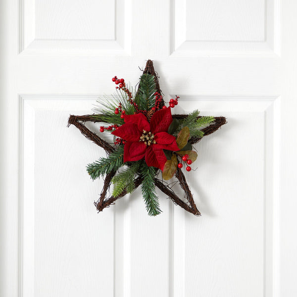 16” Holiday Christmas Poinsettia Star Twig Wreath