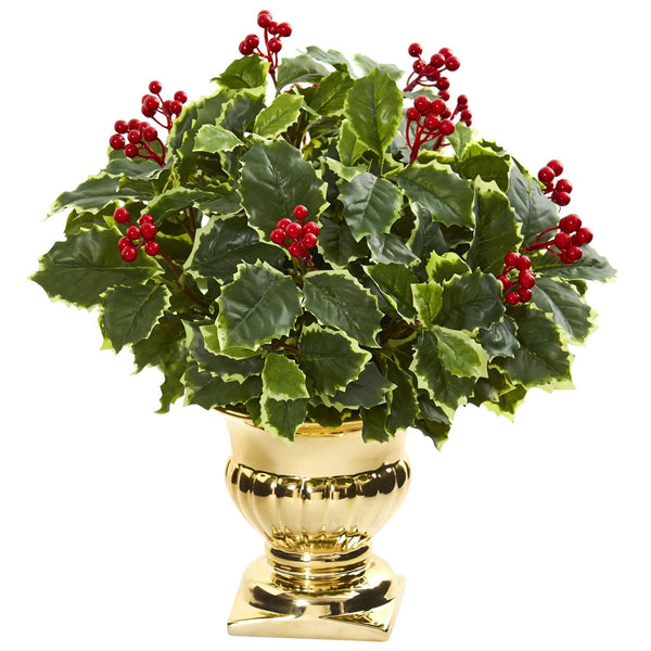 16” Holly Leaf Artificial Plant in Gold Urn (Real Touch)