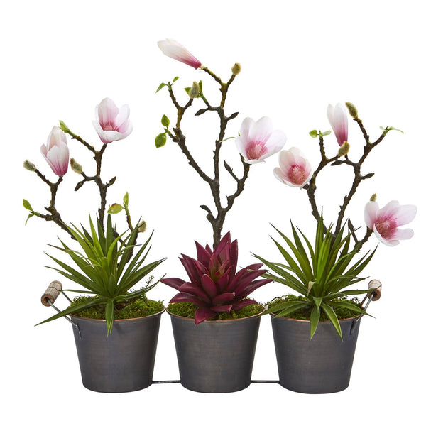 16” Magnolia and Succulent Artificial Arrangement in Trio Metal Planter