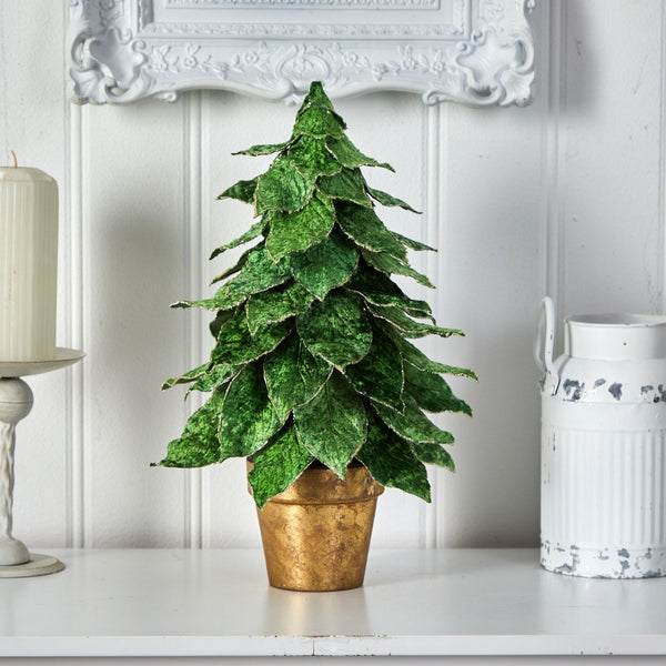 16” Mini Velvet Artificial Christmas Tree in Golden Planter