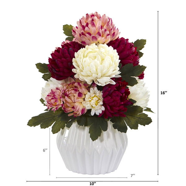 16” Mum Artificial Arrangement in White Vase