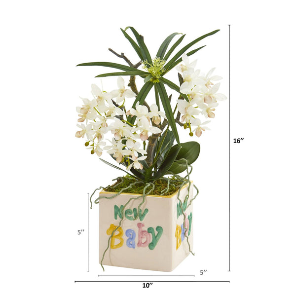 16” Orchid Phalaenopsis and Cyperus Artificial Arrangement in “New Baby” Vase