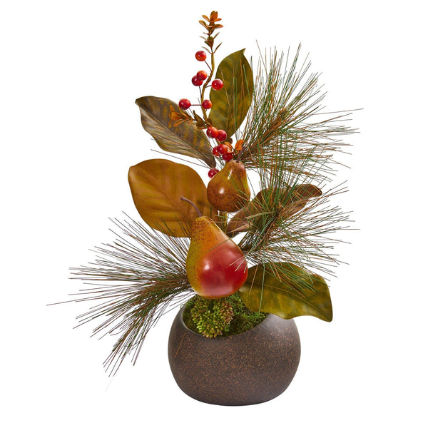 16” Pear, Pine and Magnolia Leaf Artificial Arrangement in Stone Vase