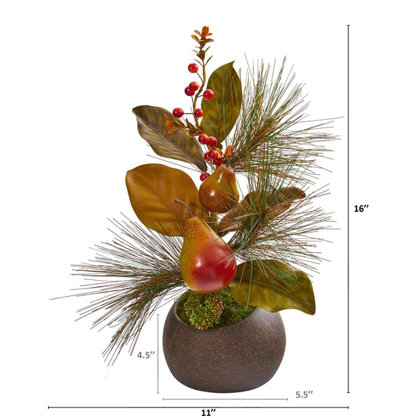 16” Pear, Pine and Magnolia Leaf Artificial Arrangement in Stone Vase