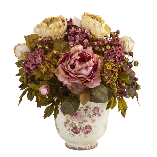 16” Peony Artificial Arrangement in Floral Vase