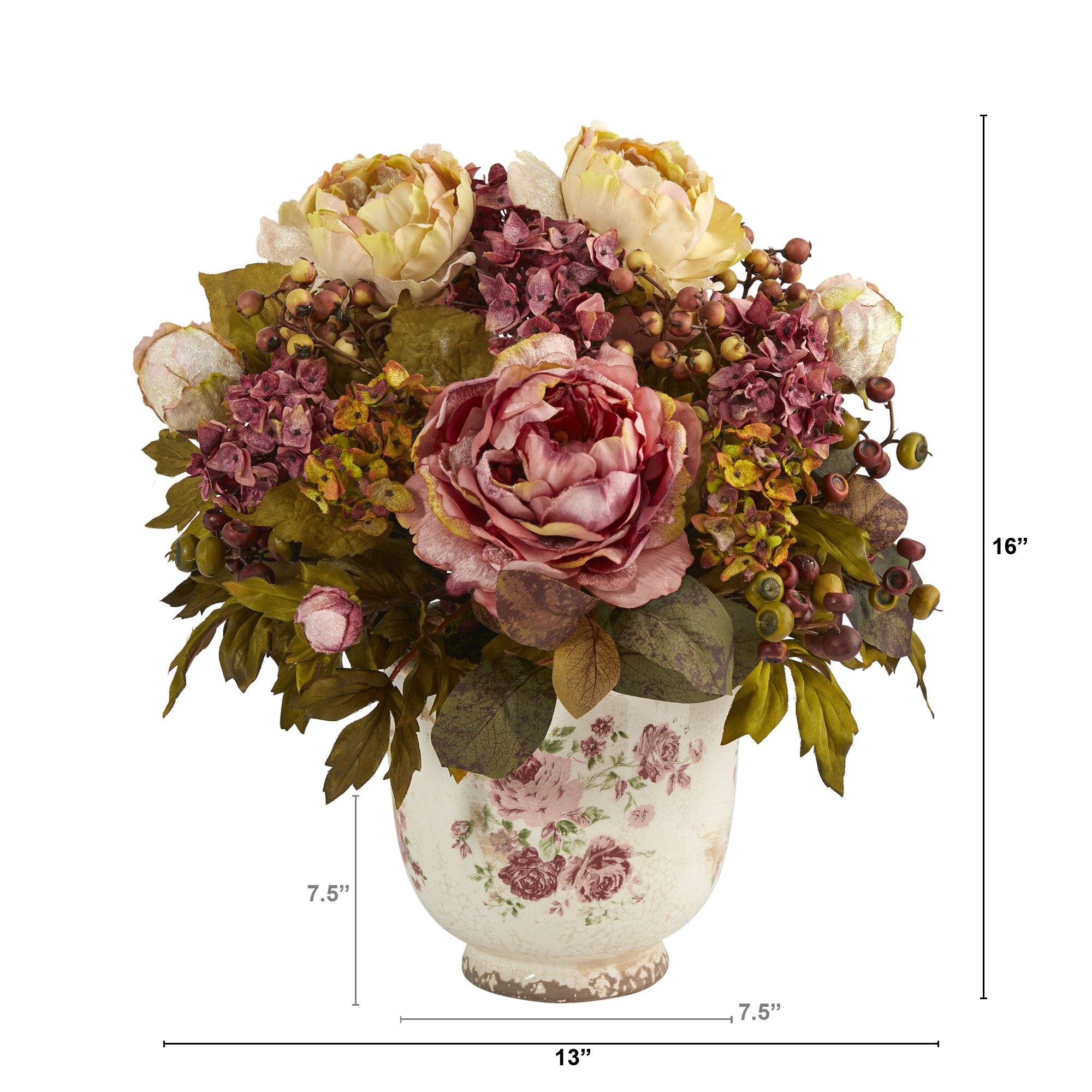 16” Peony Artificial Arrangement in Floral Vase | Nearly Natural