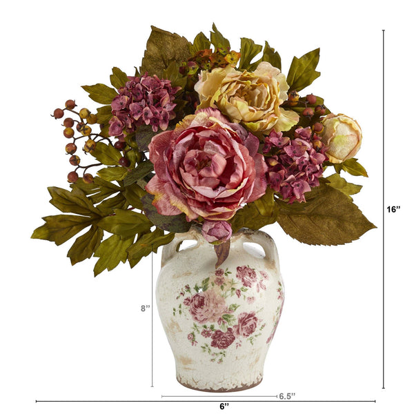 16” Peony Artificial Arrangement in Flower Print Jar