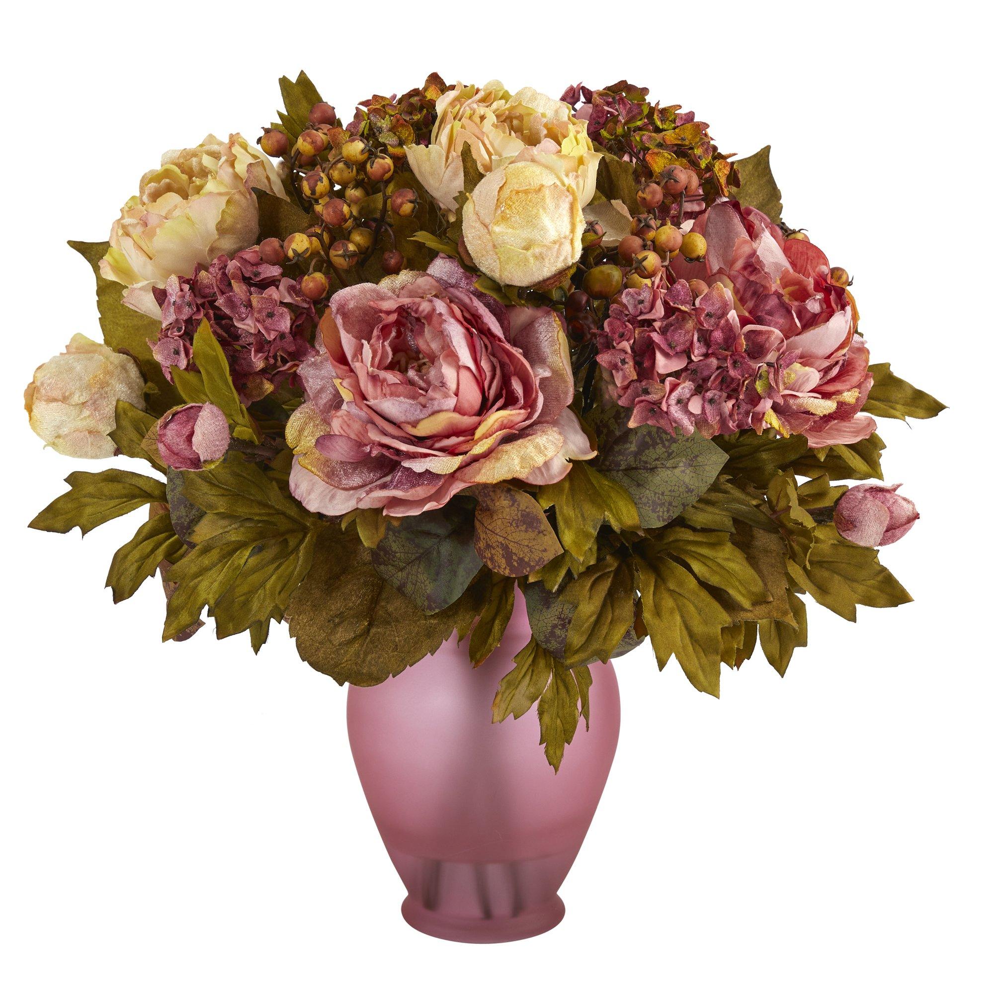 16” Peony Artificial Arrangement in Rose Colored Vase | Nearly Natural