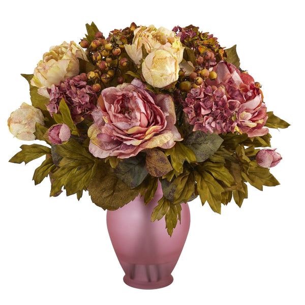 16” Peony Artificial Arrangement in Rose Colored Vase
