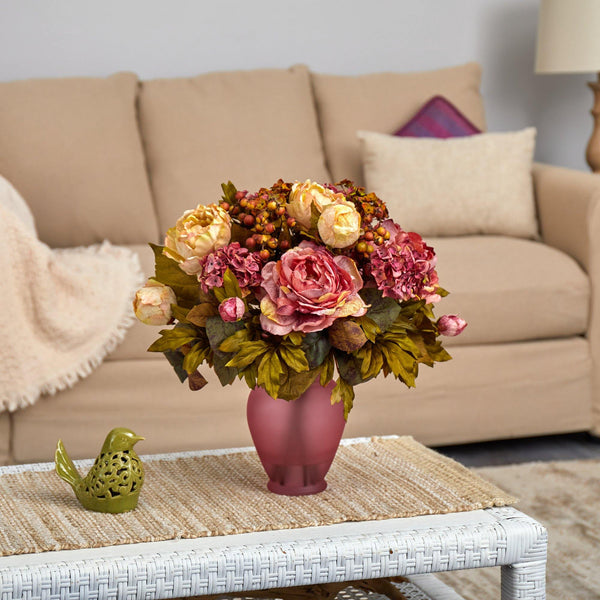 16” Peony Artificial Arrangement in Rose Colored Vase