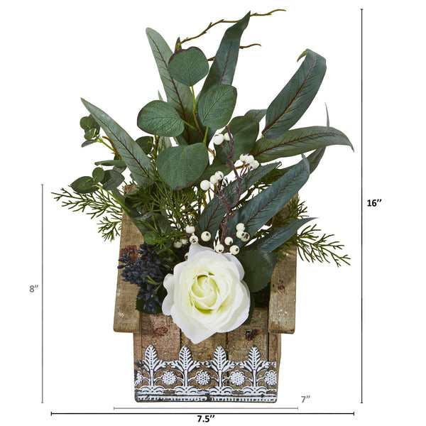16” Rose and Eucalyptus Artificial Arrangement in Hanging Floral Design House Planter