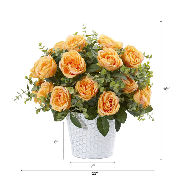 16” Rose and Eucalyptus Artificial Arrangement in Tin Vase