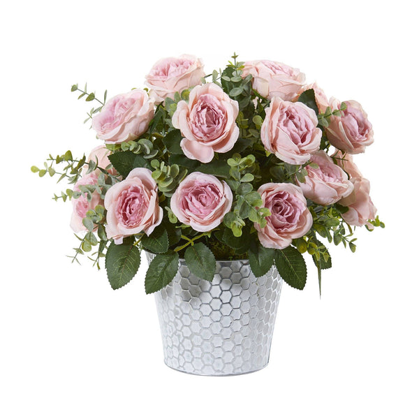 16” Rose and Eucalyptus Artificial Arrangement in Tin Vase