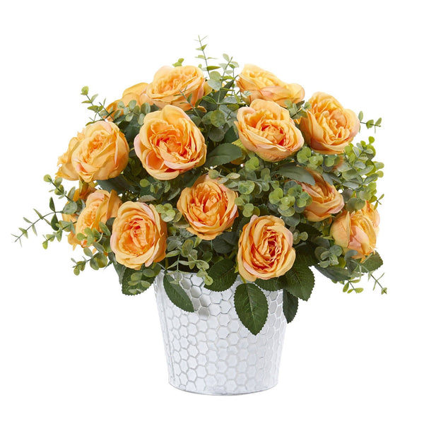16” Rose and Eucalyptus Artificial Arrangement in Tin Vase