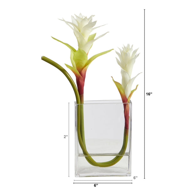 16” Star Bromeliad Artificial Flower Arrangement in Rectangle Glass Vase