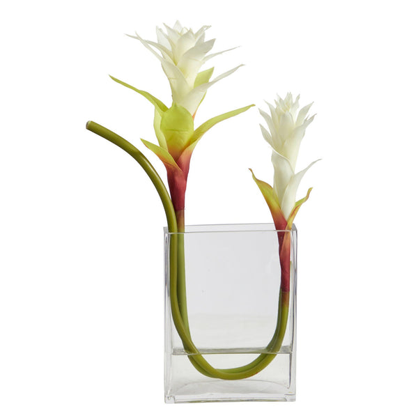 16” Star Bromeliad Artificial Flower Arrangement in Rectangle Glass Vase