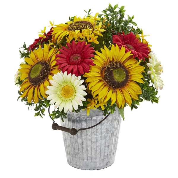 16” Sunflower and Gerber Daisy Artificial Arrangement in Metal Bucket