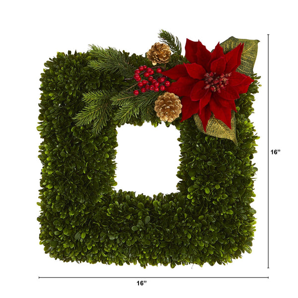 16” Tea Leaf and Poinsettia Artificial Square Wreath
