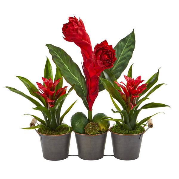 16” Tropical Trio Artificial Arrangement in Metal Vase