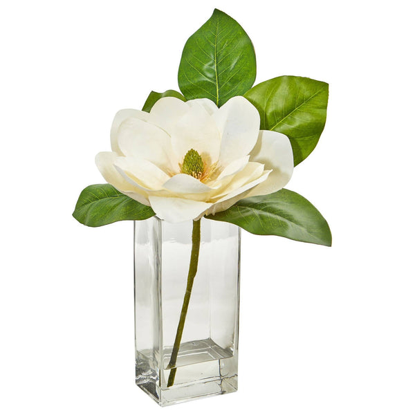17" Artificial Large Magnolia Arrangement in Glass Vase"