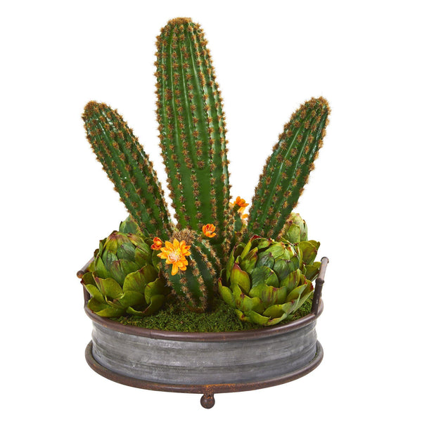 17” Cactus and Artichokes Garden Artificial Plant in Metal Planter