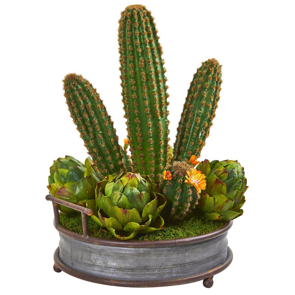 17” Cactus and Artichokes Garden Artificial Plant in Metal Planter
