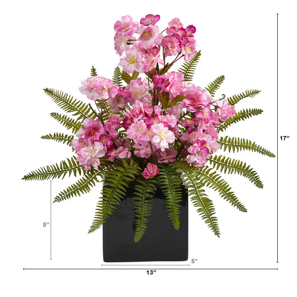 17” Cherry Blossom and Fern Artificial Arrangement in Black Vase