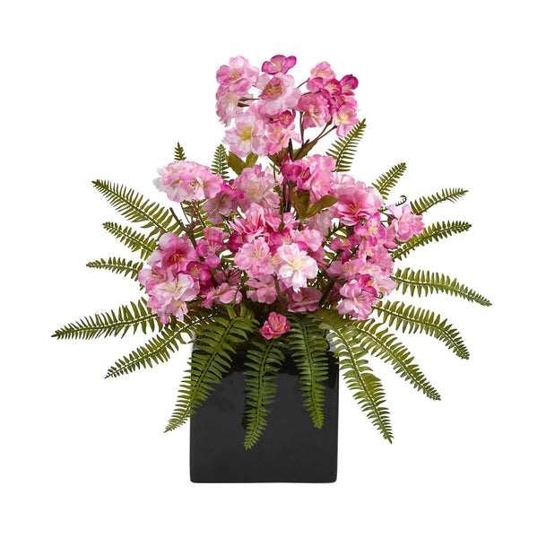 17” Cherry Blossom and Fern Artificial Arrangement in Black Vase