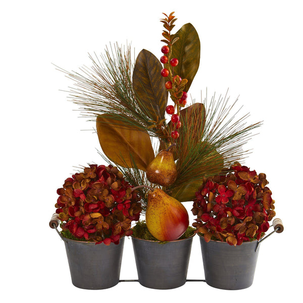 17” Fall Hydrangea, Pears, and Magnolia Leaf Artificial Arrangement in Trio Metal Vase