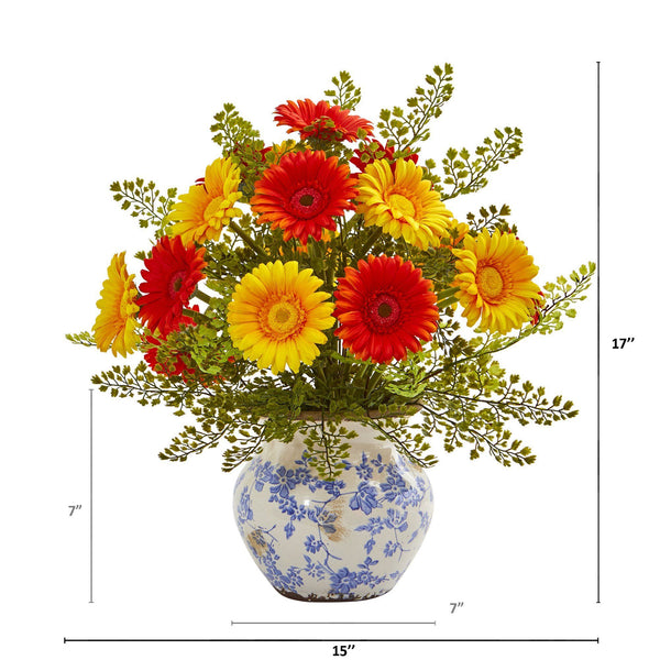 17” Silk Gerber Daisy and Silk Maiden Hair Flower Arrangement in Vase