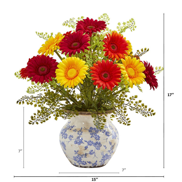 17” Gerber Daisy and Maiden Hair Artificial Arrangement in Vase ...