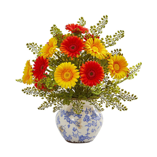 17” Silk Gerber Daisy and Silk Maiden Hair Flower Arrangement in Vase