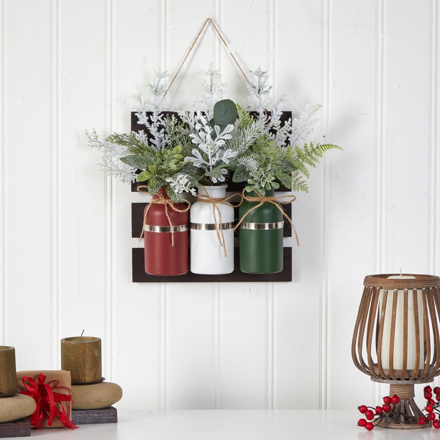 17” Holiday Assorted Christmas Pine Hanging Three Piece Mason Jar Arrangement Wall Art Décor