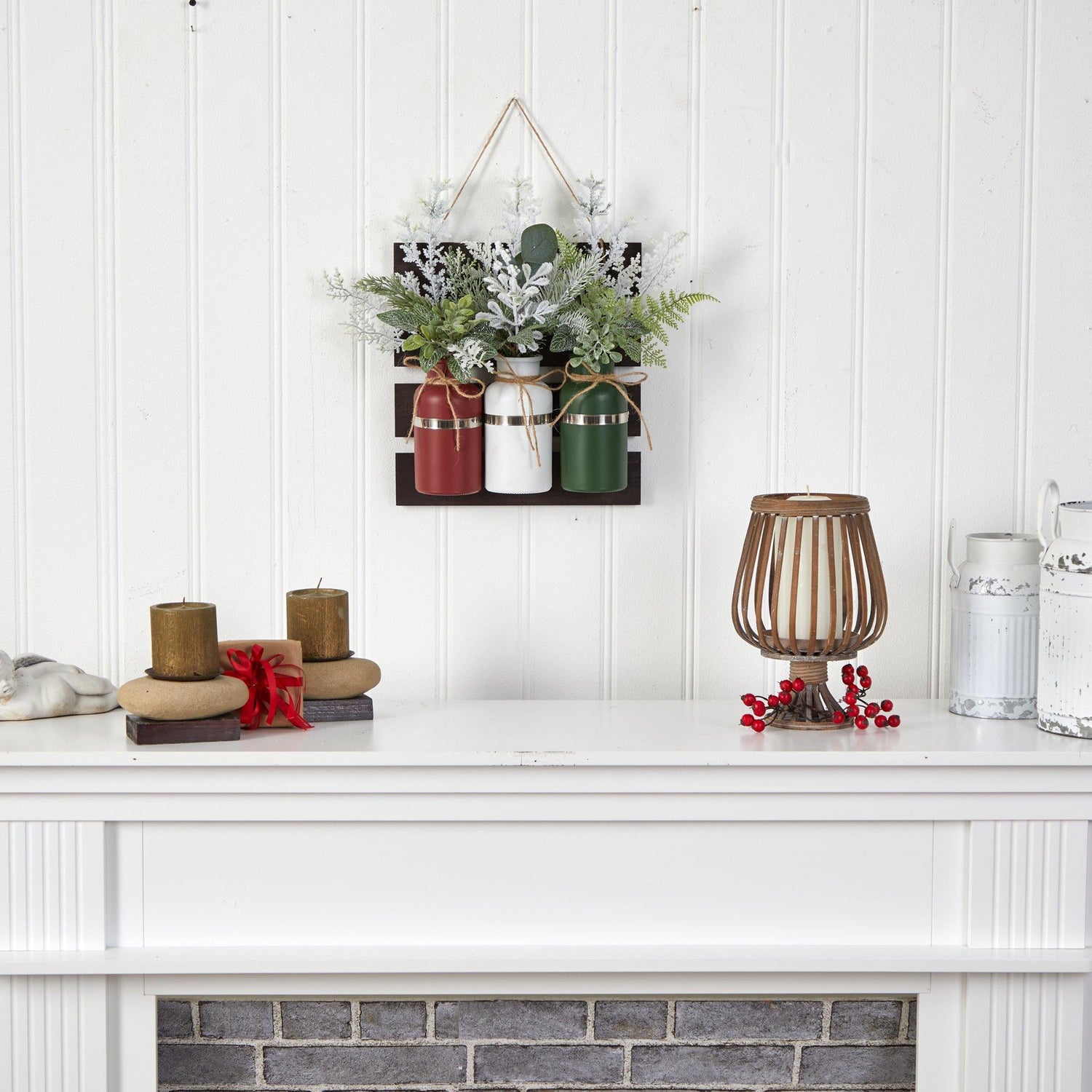 17” Holiday Assorted Christmas Pine Hanging Three Piece Mason Jar Arrangement Wall Art Décor