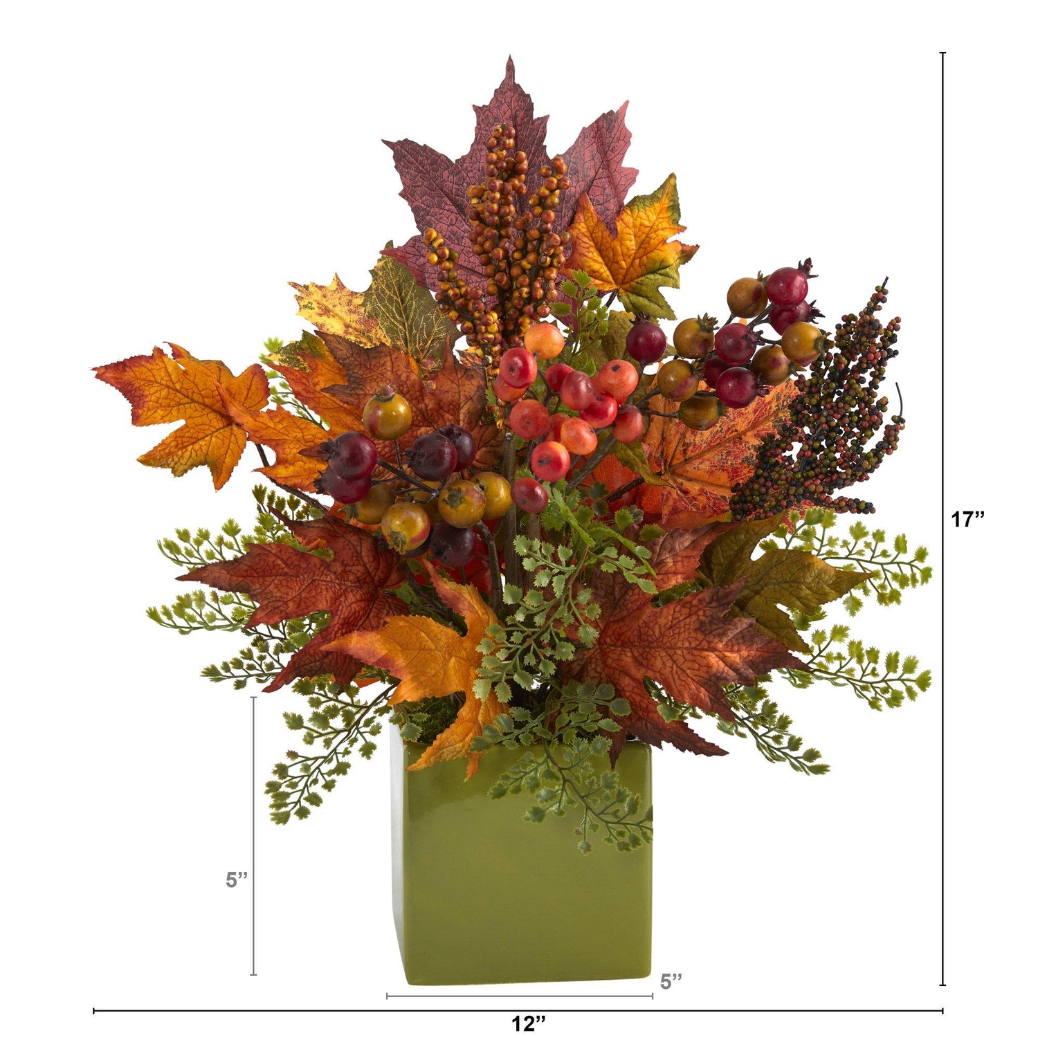 17” Maple Leaf, Berries and Maiden Hair Artificial Arrangement in Green Vase