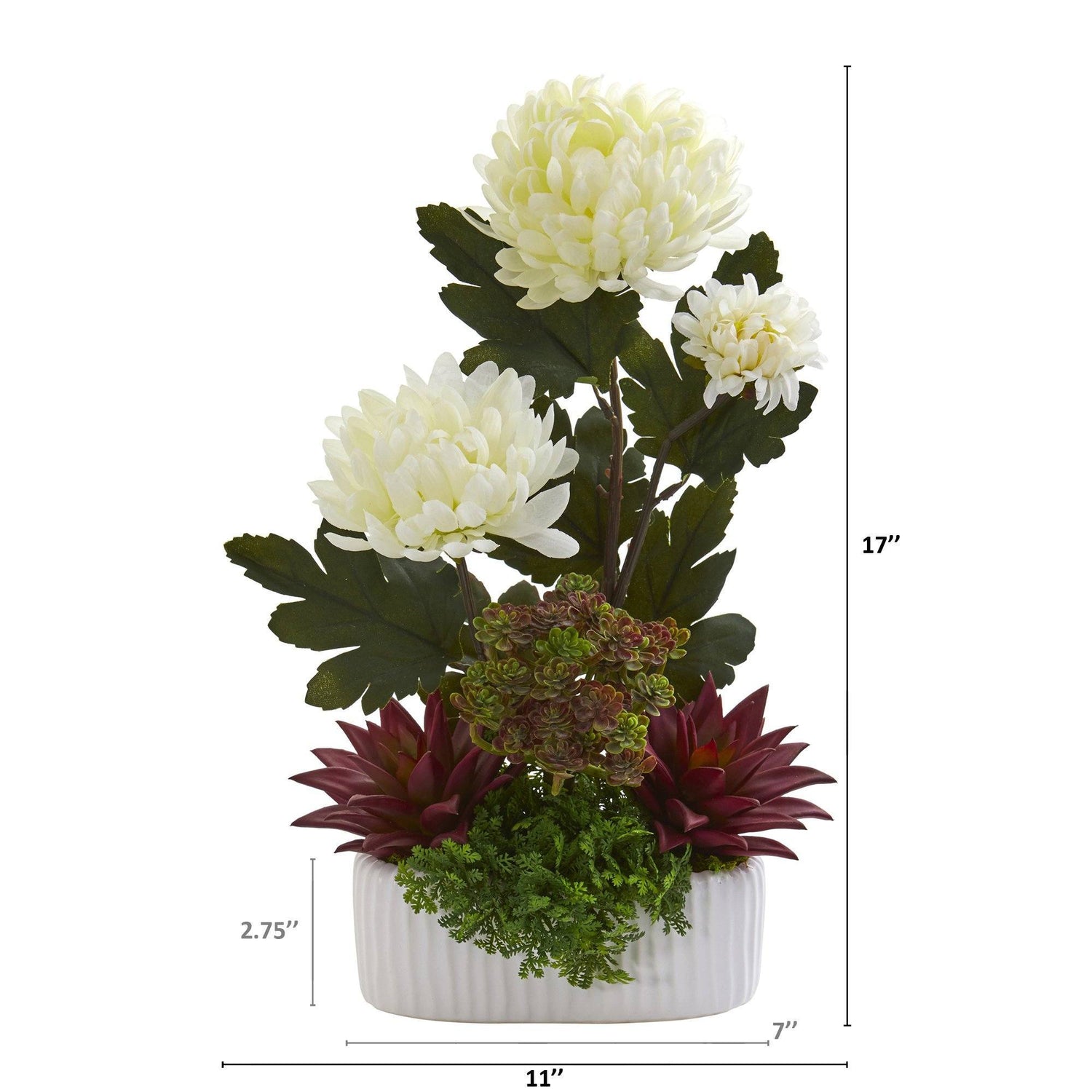 17” Mum and Succulent Artificial Arrangement in White Vase
