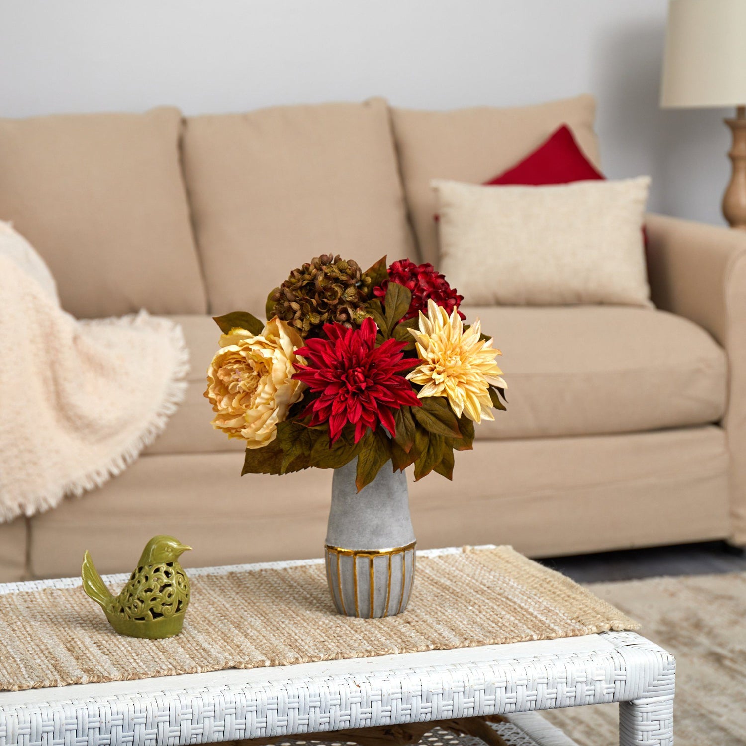 17” Peony, Hydrangea and Dahlia Artificial Arrangement in Stoneware Vase with Gold Trimming