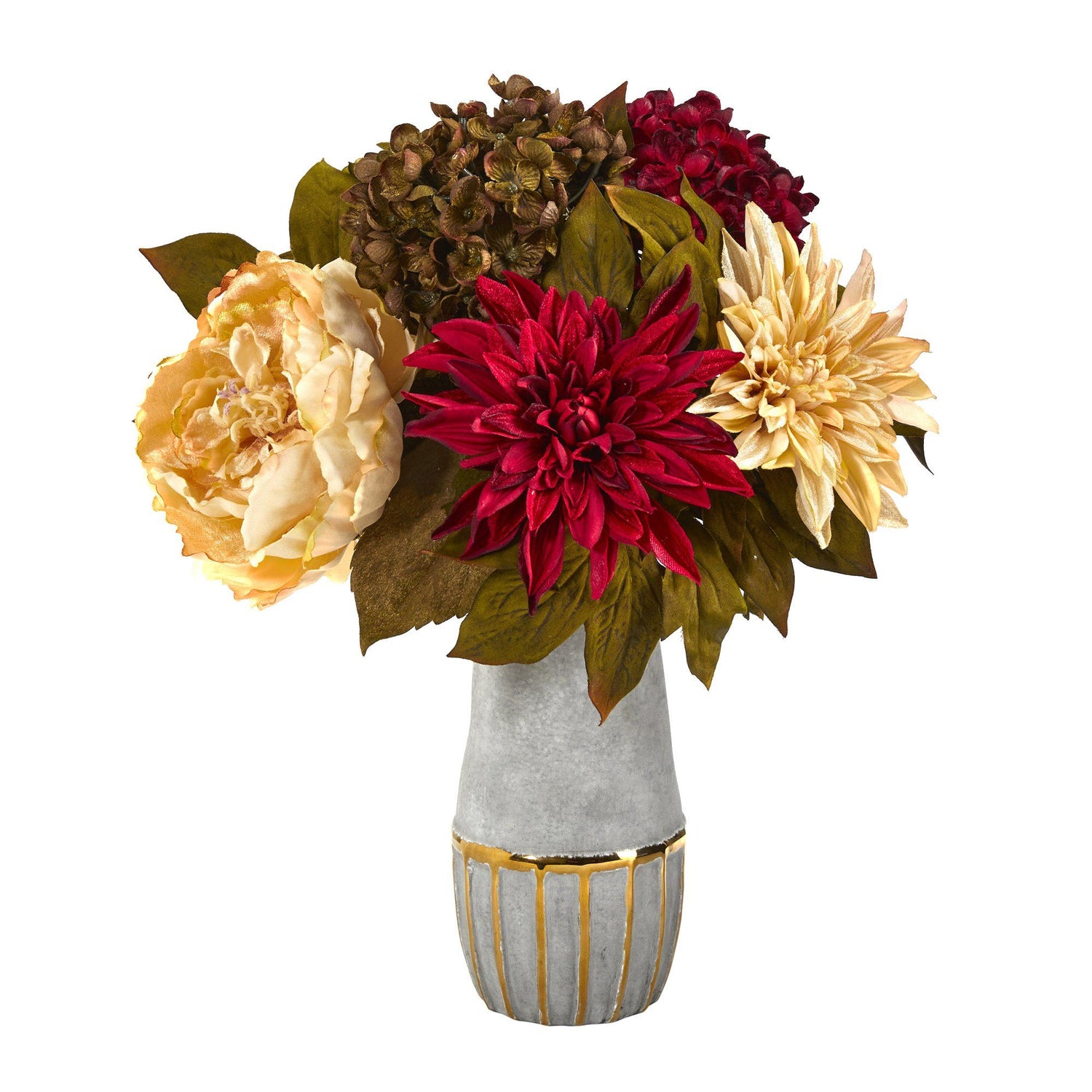 17” Peony, Hydrangea and Dahlia Artificial Arrangement in Stoneware Vase with Gold Trimming