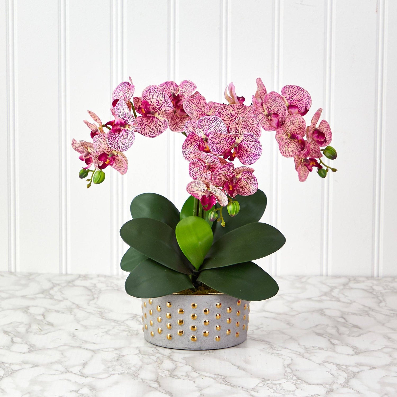 17” Phalaenopsis Orchid Artificial Arrangement in Bowl with Gold Trimming