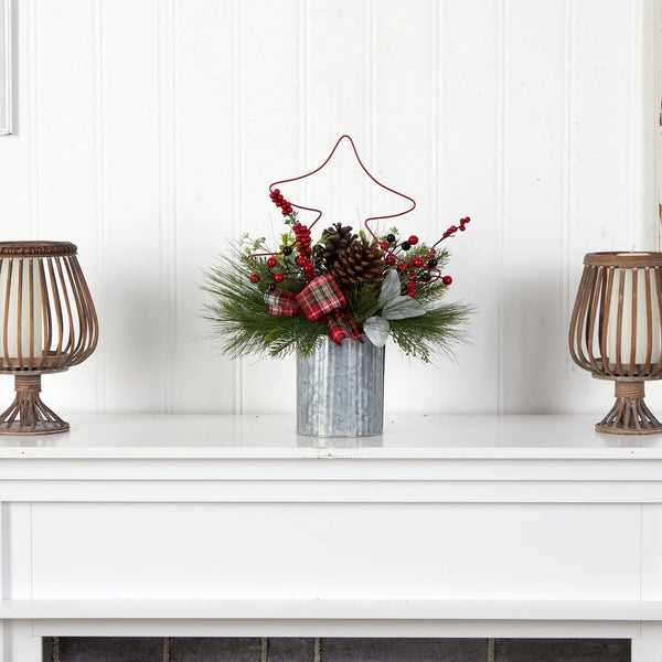 17” Pinecone and Berries Arrangement with Decorative Metal Vase and Wrired Red Tree