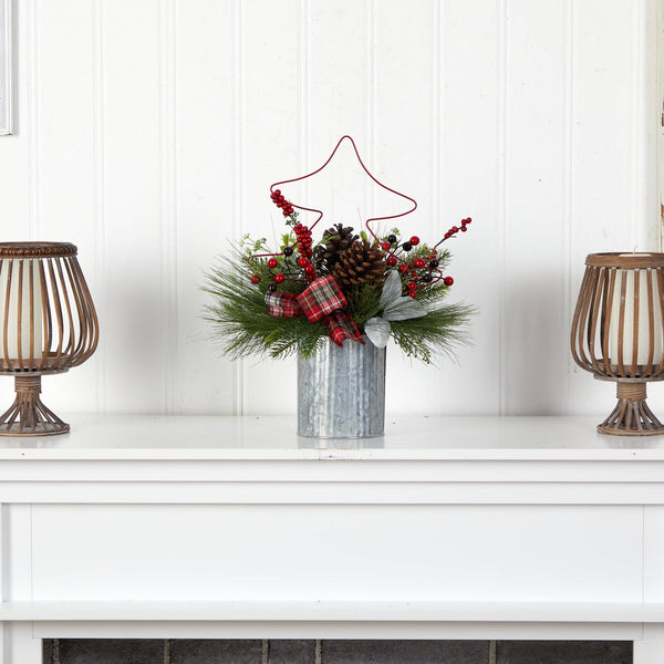 17” Pinecone and Berries Arrangement with Decorative Metal Vase and Wrired Red Tree