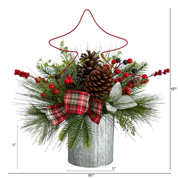 17” Pinecone and Berries Arrangement with Decorative Metal Vase and Wrired Red Tree