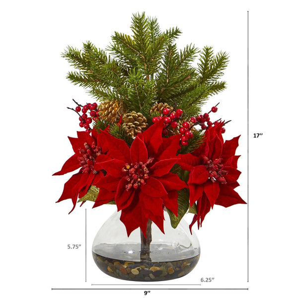 17" Poinsettia, Berry and Pine Artificial Arrangement in Vase"