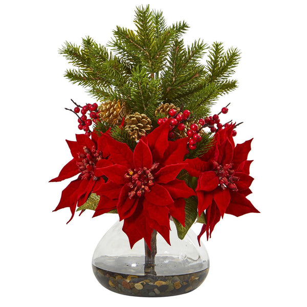 17" Poinsettia, Berry and Pine Artificial Arrangement in Vase"