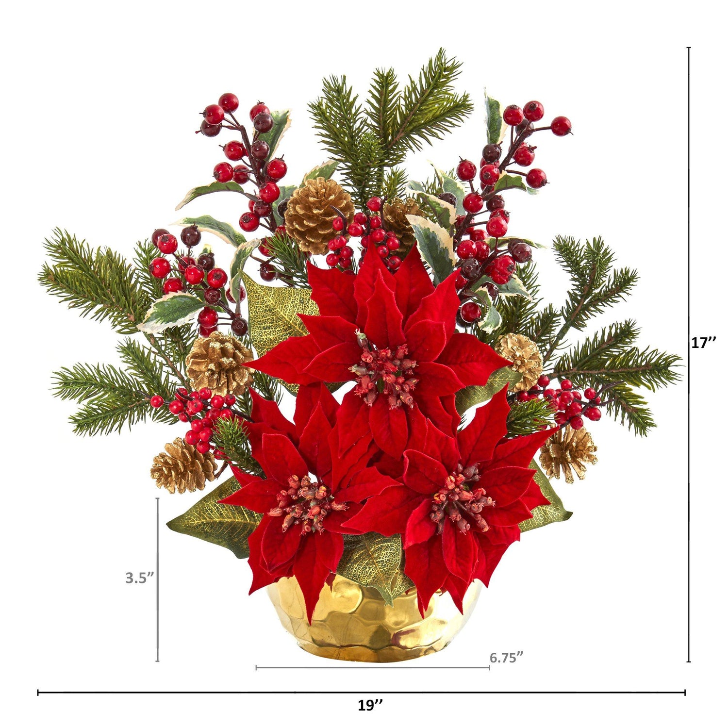 17” Poinsettia, Holly Berry and Pine Artificial Arrangement