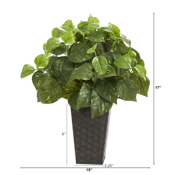 17” Pothos Artificial Plant in Embossed Black Planter
