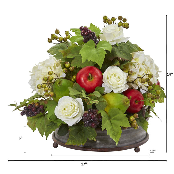 17” Rose, Hydrangea and Faux Fruits Artificial Arrangement in Metal Tray