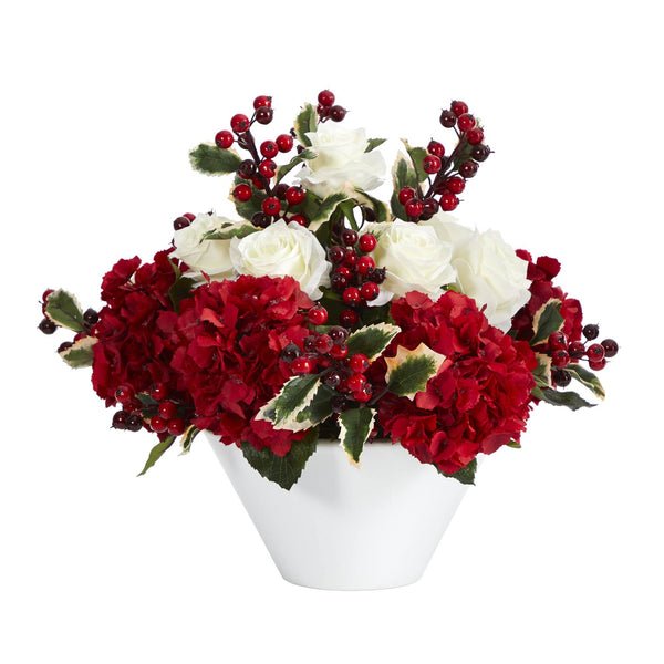 17” Rose, Hydrangea and Holly Berry Artificial Arrangement in White Vase
